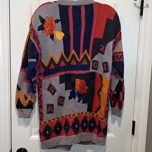 RETRO 80s chunky knit novelty funky patch sweater cardigan XL colorful kitsch - Picture 13 of 17